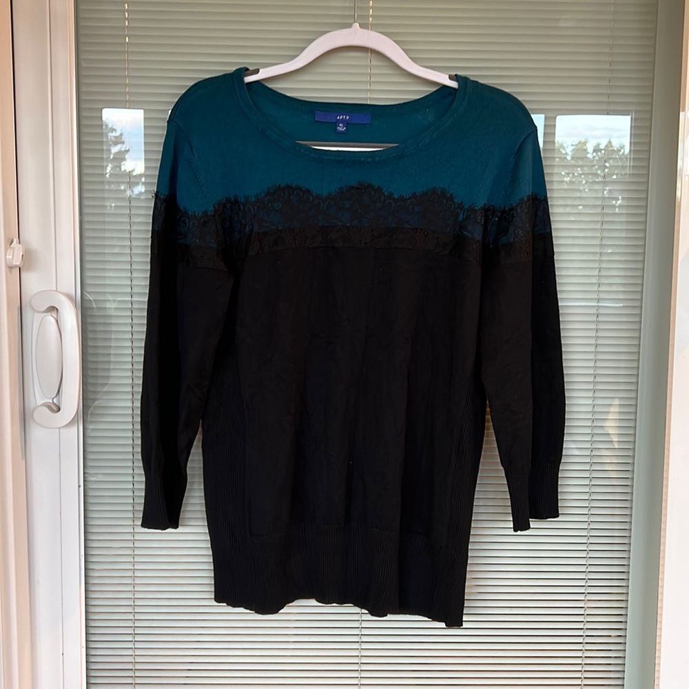 APT 9 TEAL AND BLACK SWEATER WITH LACE TRIM ACROSS CHEST